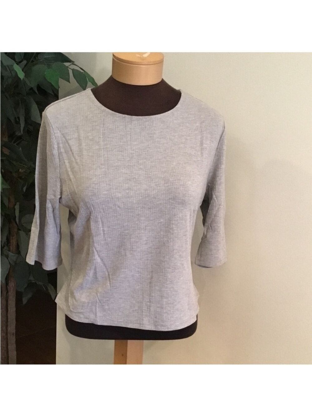 POPSUGAR Gray Ribbed Cropped Crewneck Elbow Sleeve Top XL NWT